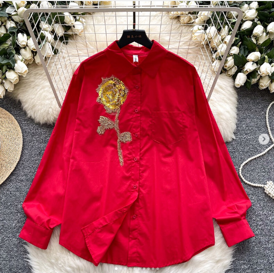 Women's European Chic Streetwear Shirt Sequins 3D Floral